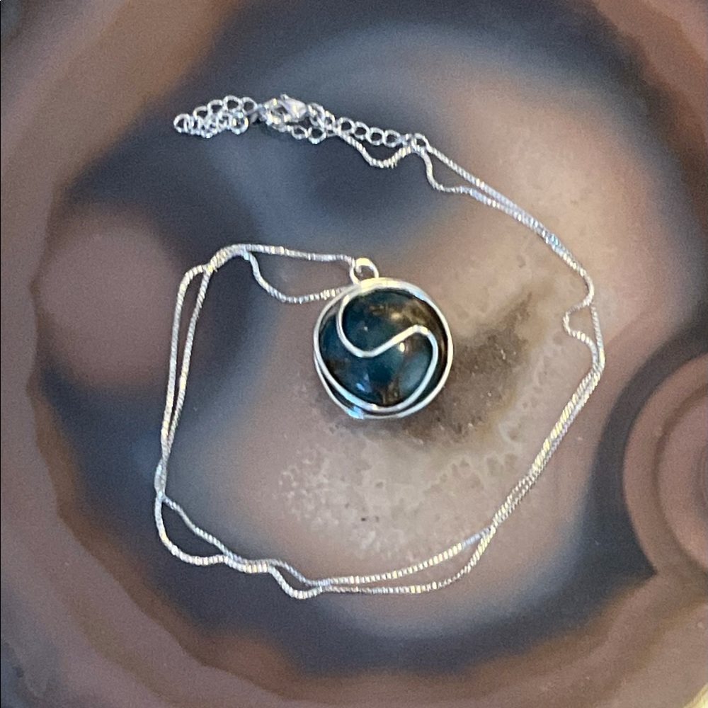 Agate necklace ting yang silver wire wrap blue agate pendant handmade unisex